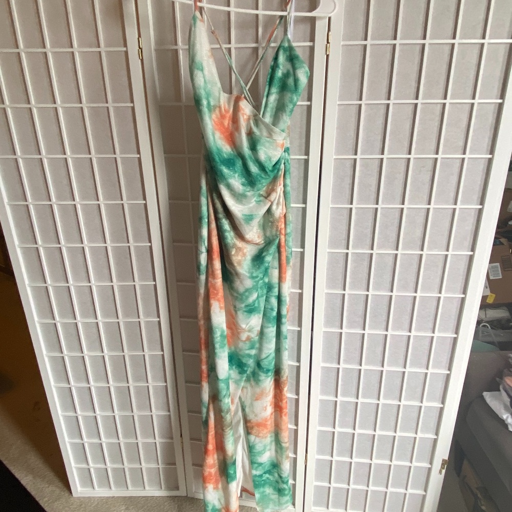 Lulus Metallic Teal Green Multi Tie-Dye Maxi